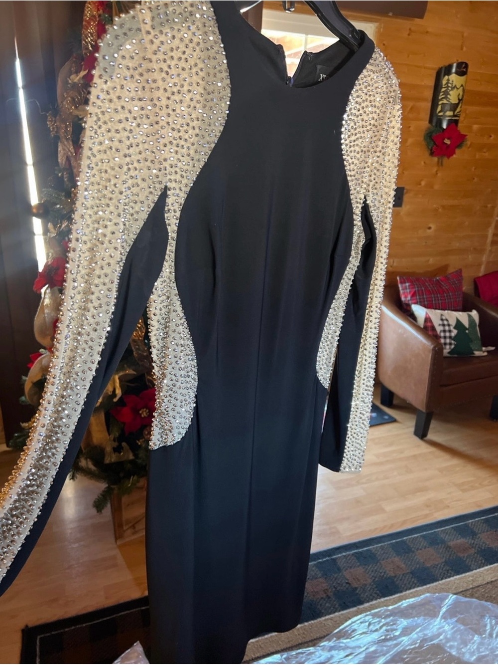 Xscape Black Dress with Cream Crystal-Embellished Sleeves
